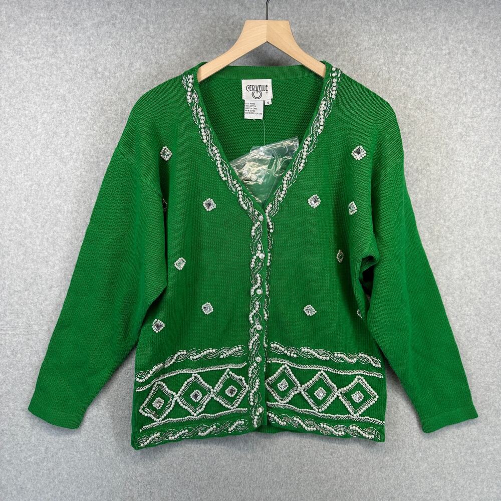 Cervelle Sweater Womens Size S Green Ramie Blend Beaded Embellished Button Front